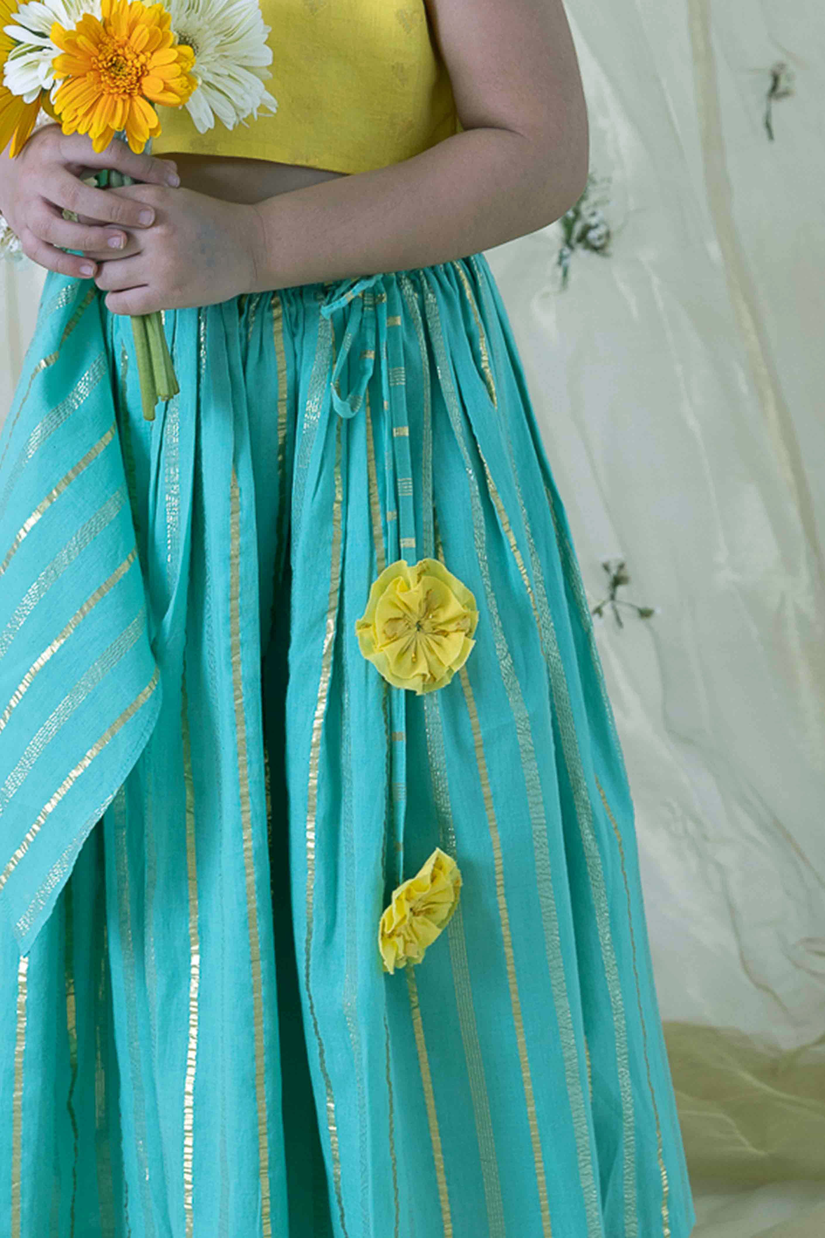 Buy Custard Yellow Cotton Silk Crop Top & Lehenga Set With Lucknowi  Embroidery
