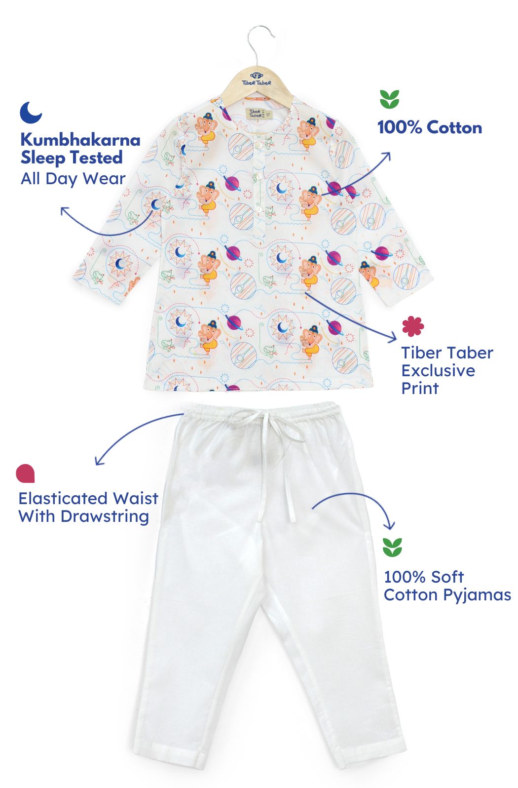 Ganesh Blessing Kurta Pyjama Set - White