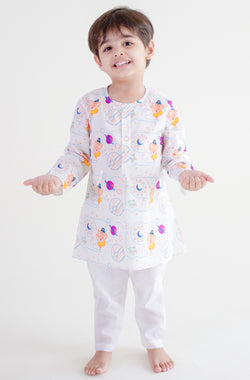 Ganesh Blessing Kurta Pyjama Set - White