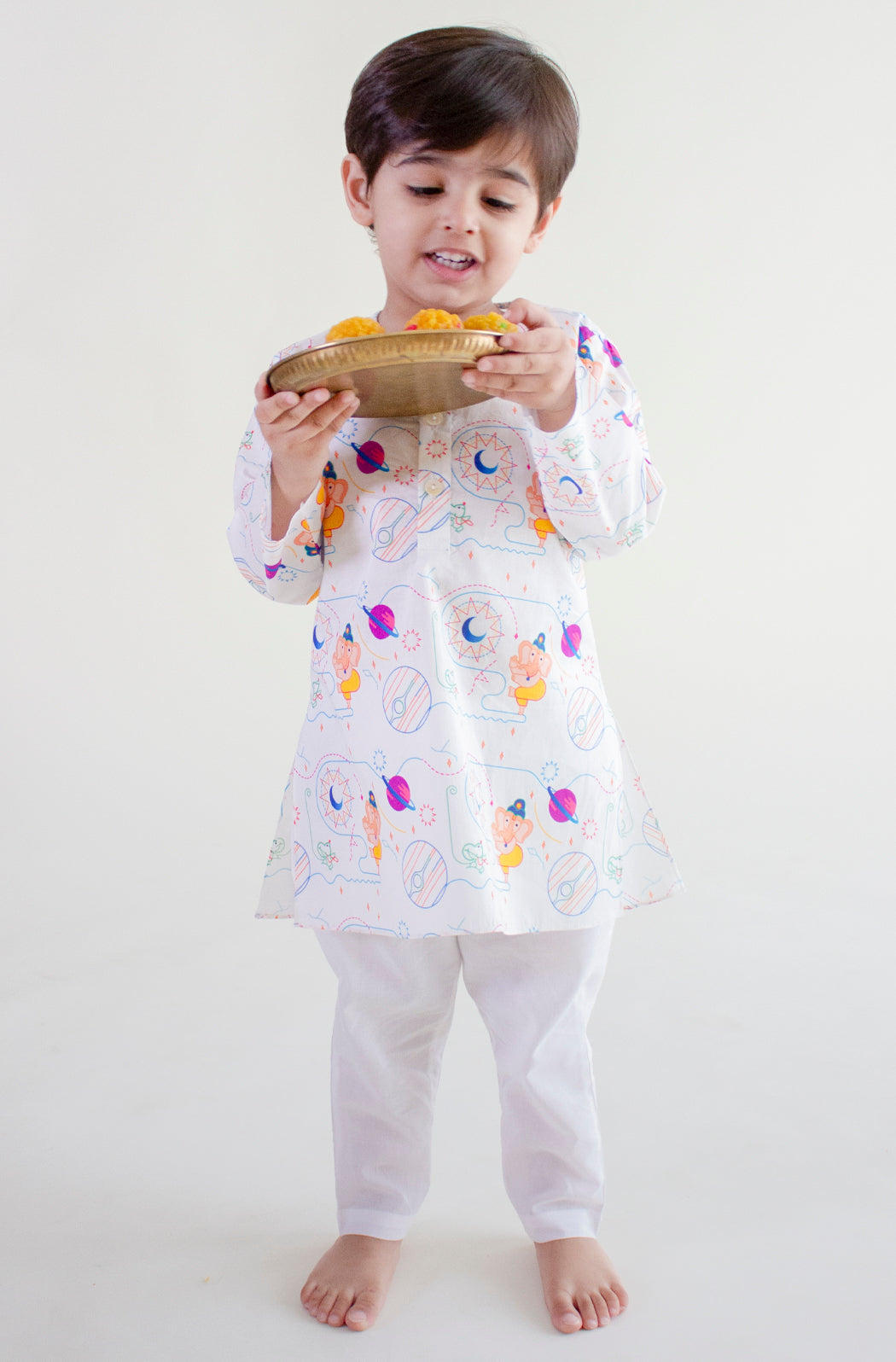 Ganesh Blessing Kurta Pyjama Set - White