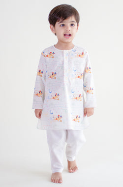 Hanuman Blessing Kurta Pyjama Set - White