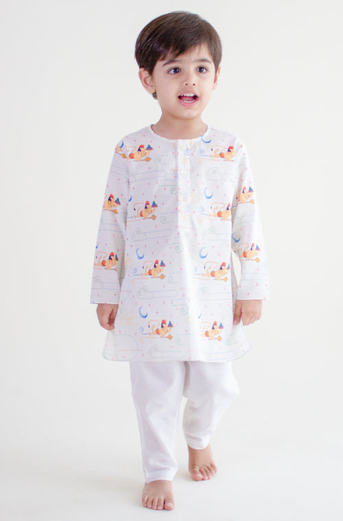 Hanuman Blessing Kurta Pyjama Set - White