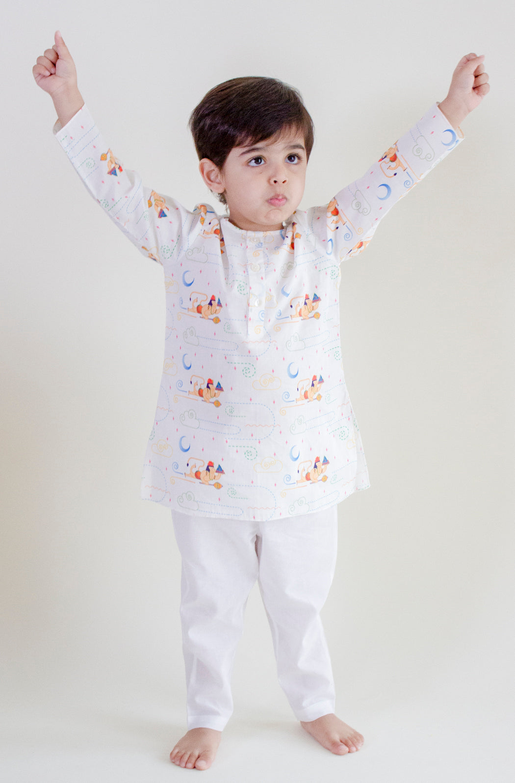 Hanuman Blessing Kurta Pyjama Set - White