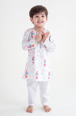 Krishna Blessing Kurta Pyjama Set - White