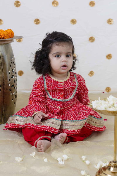 Baby Girl Bandhani Cotton Angrakha Suit Set - Red – Tiber Taber Kids