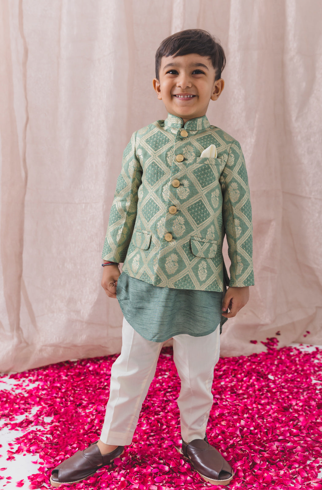 Riwayat Brocade Bandhgala Set -Green