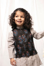 Boys Black Printed Floral Bundi Kurta Set by Tiber Taber Kids